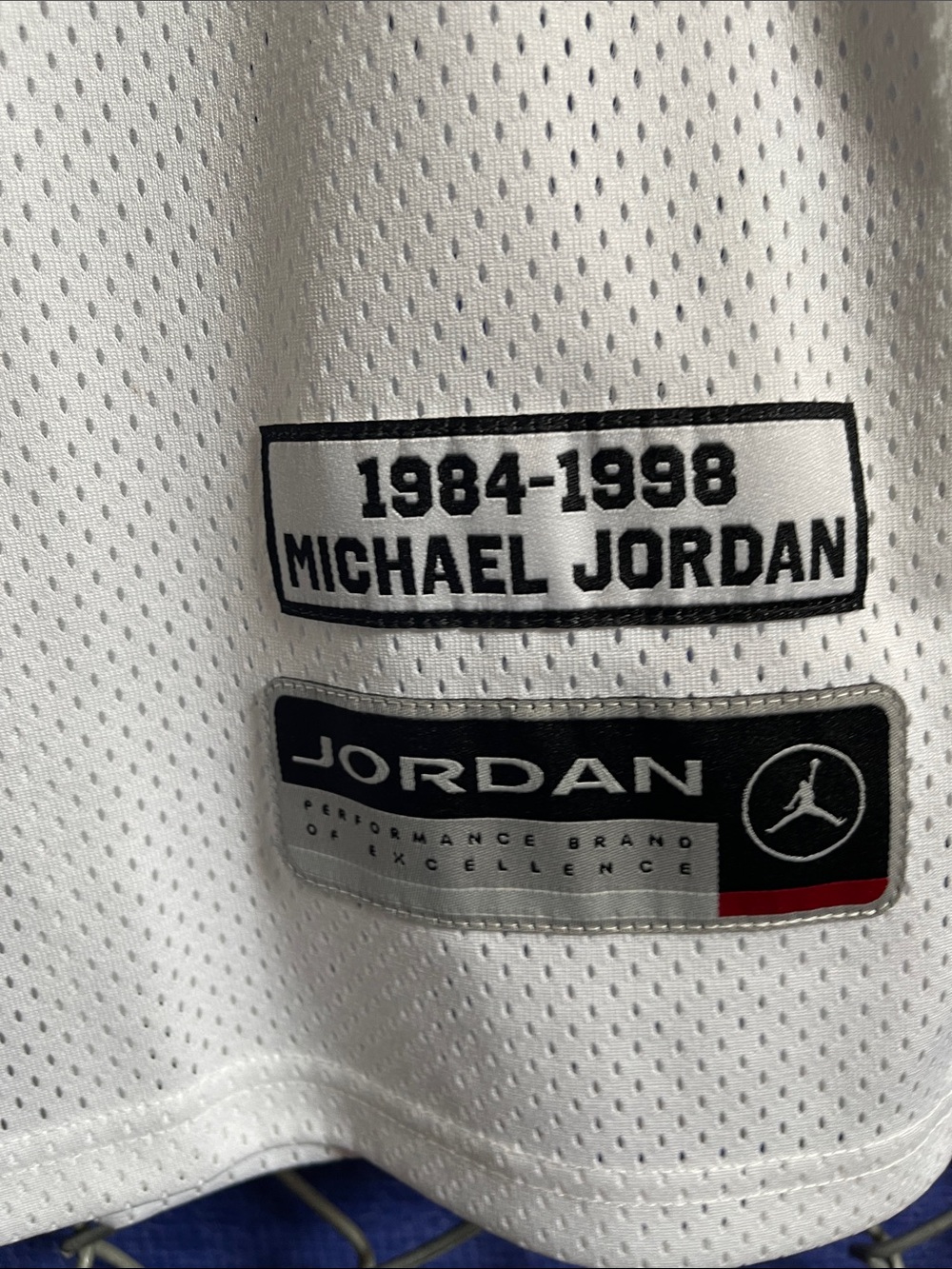Jordan White Mesh Jersey with Michael Jordan and Patch Details